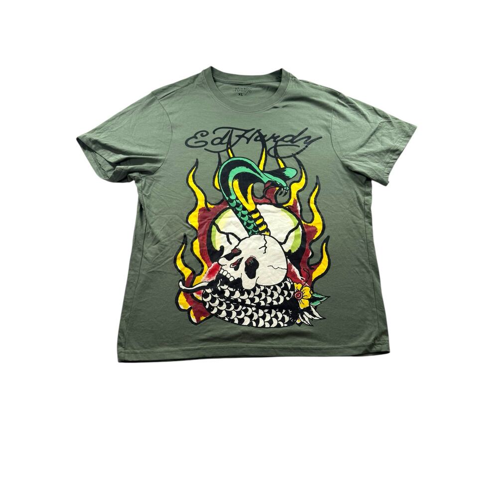 Ed Hardy Cobra Skull Tattoo Graphic T Shirt Mens XL Green Grunge Y2K Top